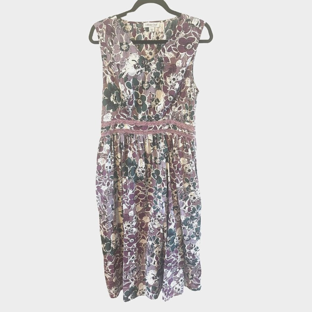Coldwater Creek Floral Midi Dress Sleeveless M Purple Cottagecore Boho peasant
